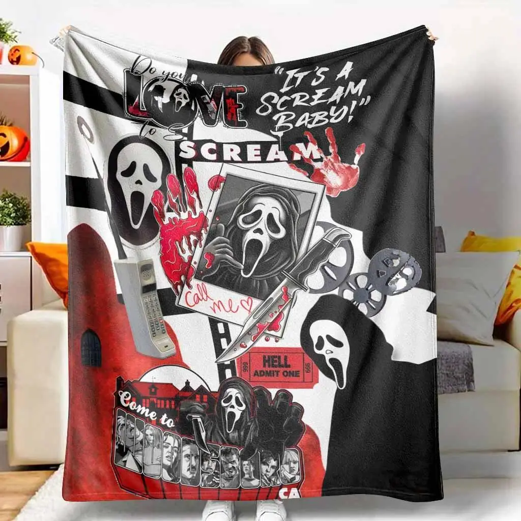Scream Movie Ghostface Killer Inspired Flannel Throw Blanket - Ultra-Soft, Cozy, Warm for Bed, Sofa, Halloween Decor, Spooky Gift for Dorm Rooms