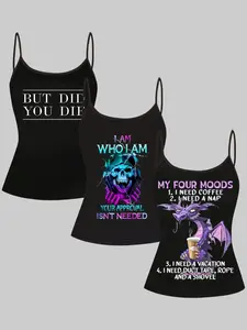 Funny Skull Dragon Three-Piece Set, Adjustable Straps, Casual Sleeveless Top, Slim-Fitting, Home Wear, Reversible Design