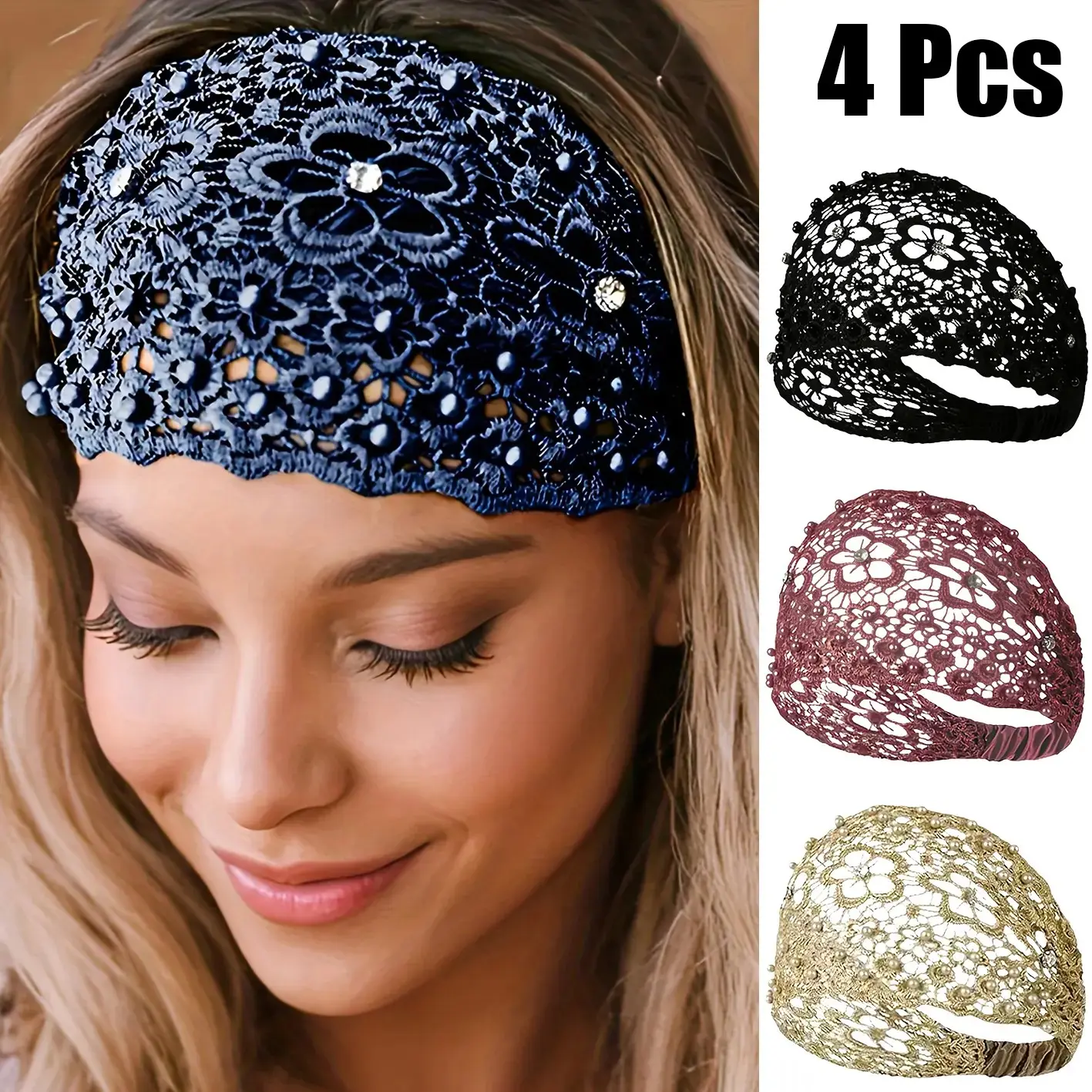 Women's 4pc Embellished Wide Bohemian Headbands - Luxury Lace Hair Styling Accessory for Weddings, Daily Wear - Chic Tube Top Headband, Hair Styling Accessories, Lace Headband