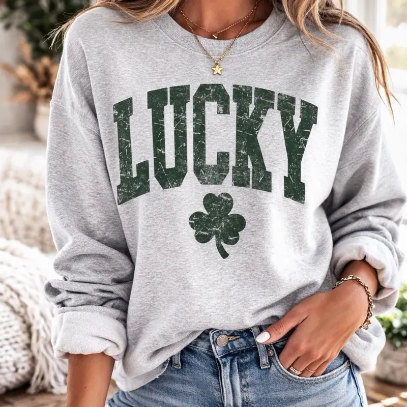 Retro Lucky Sweater - Gray Long Sleeve Top with Green Shamrock Design for Women