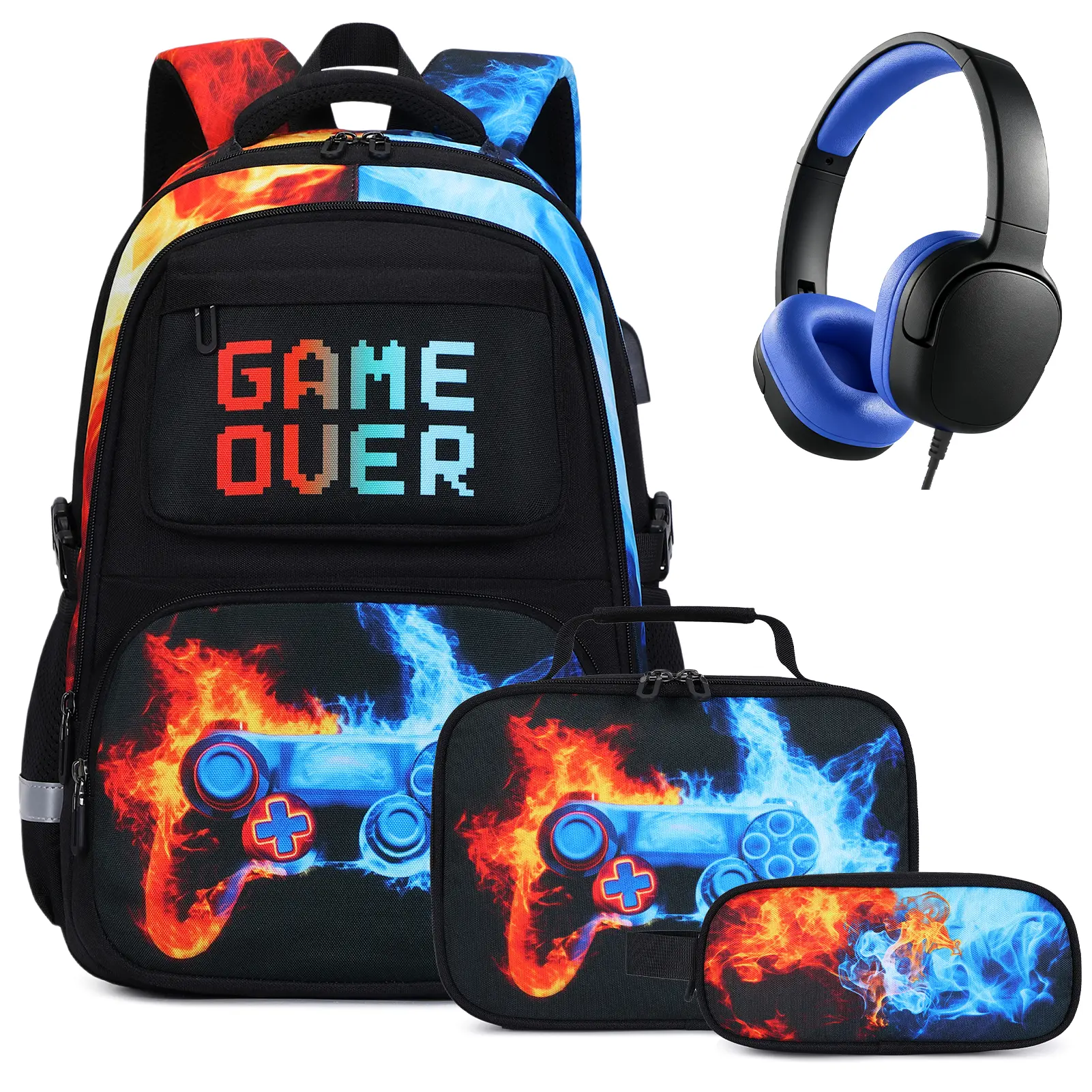 4PCS Headphones Set [Red Blue Flame]