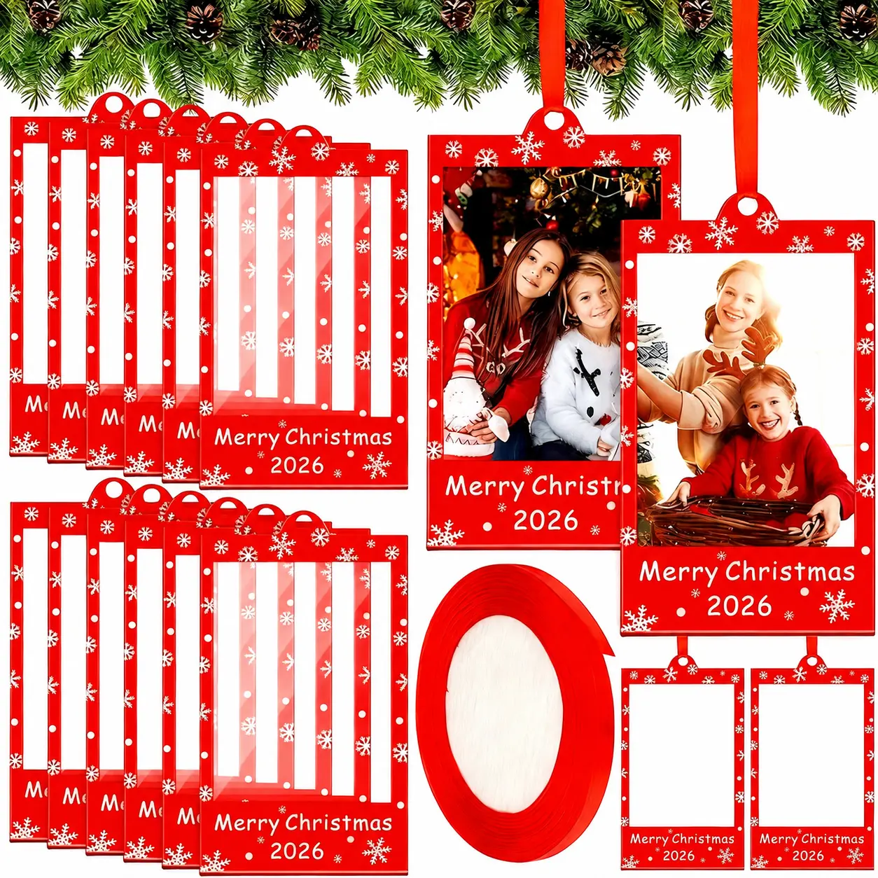 12/24/36Pcs Christmas Photo Frame Ornaments,Clear Acrylic 2x3" DIY Mini Picture Frames with Red Satin Ribbon,2026 Memory Keepsake Frame for Family Couples & Friends Christmas Decor for Tree Wreath Table Centerpiece Christmas Photo Frame Ornaments Set