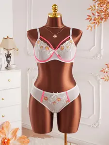 3pcs Eye-Catching Floral Embroidered Cross-Band Underwear Set, Sweet Spicy Style, Adjustable Straps, Plus Size Friendly
