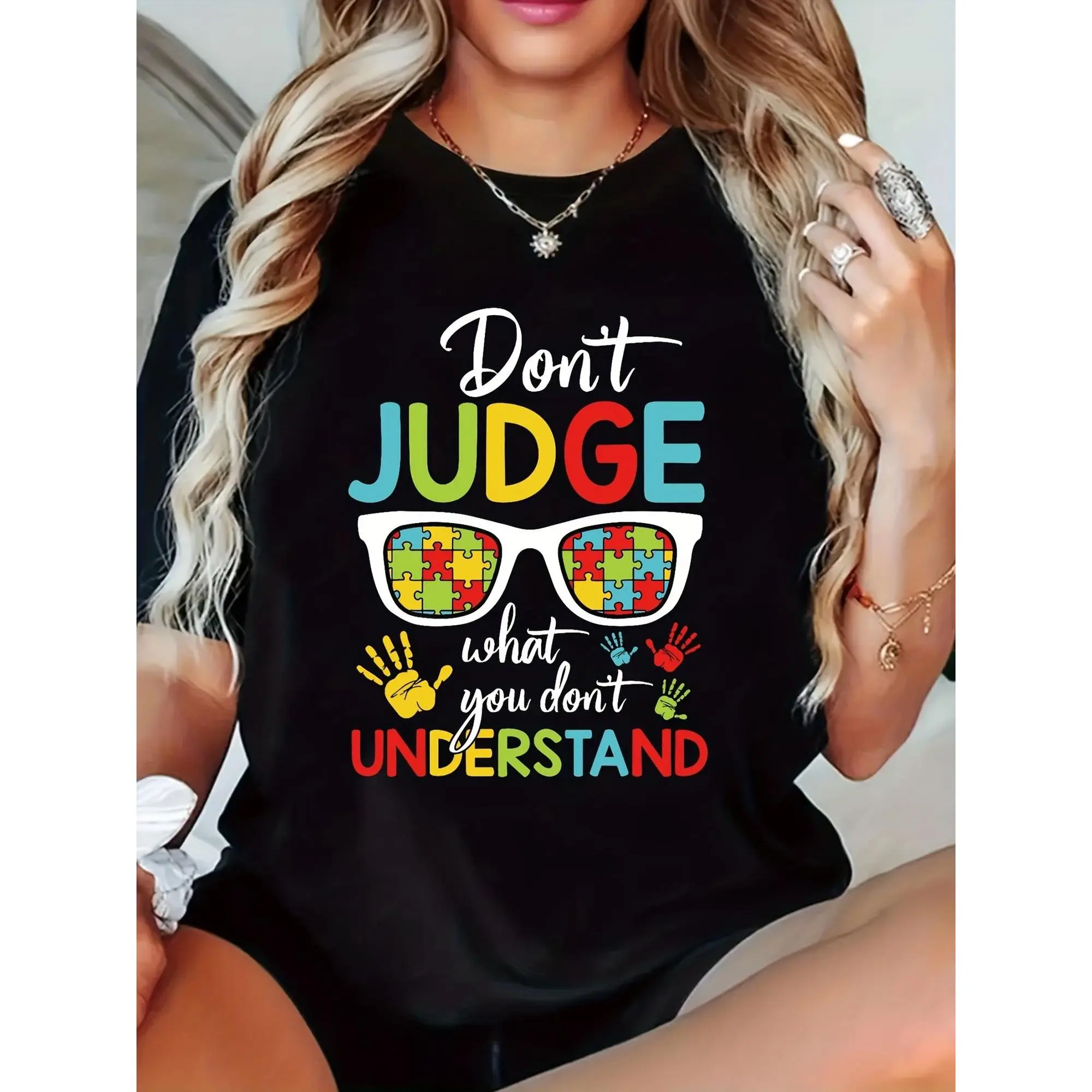 Women's Cotton Short-Sleeve Lady Tshirt - Streetwear Autism Awareness Graphic Clothes, Fitted Round Neck with "Don't Judge What You Don't Understand" Slogan & Symbol Print for Spring, Summer