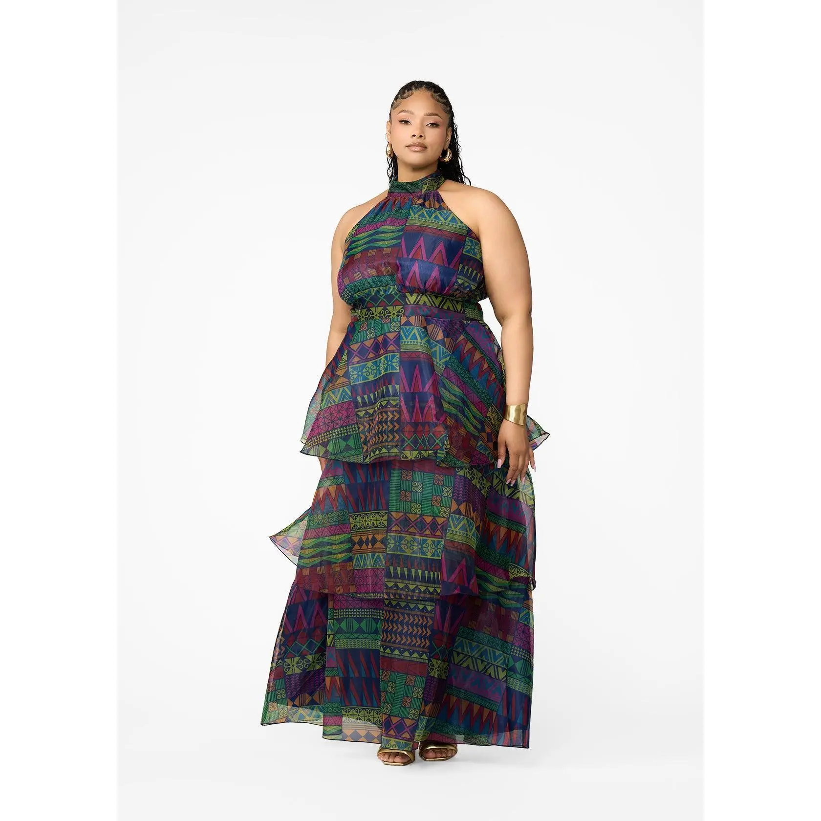 Fatimata Women's African Print Organza Maxi Dress Navy Green Kente Halter 3 Tiered Skirt Slit Button Pockets Summer Formal Elegance