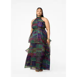Fatimata Women's African Print Organza Maxi Dress Navy Green Kente Halter 3 Tiered Skirt Slit Button Pockets Summer Formal Elegance