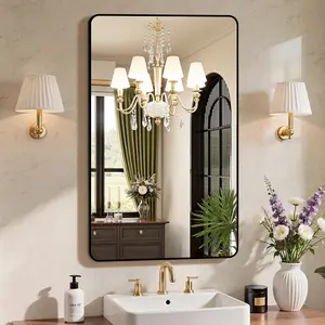 Bathroom Mirror for Over Sink,  Wall Mount Mirror with Rounded Rectangle and Matte Metal Framed, Modern Wall Vanity Mirror for Home Decor, Living Room, Bedroom, Black