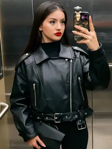 Women's Faux Leather Jacket Cropped Coat Demi-Season Black Fitted Jacket Long Sleeve Asymmetrical Zipper Moto Biker Jacket Streetwear Belted Motorcyclist Jacket
