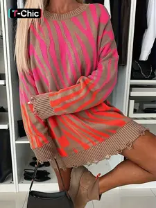 Women's Zebra Stripe Print Distressed Hem Drop Shoulder Sweater, Casual Long Sleeve Round Neck Jumper for Fall & Winter, Fashion Ladies' Knitwear for Daily Wear