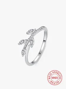 S925 Sterling Silver Fashion Leaf Design Ring, Artificial Zircon Decor Ring for Women, Trendy All-match & Exquisite Jewelry for Birthday Gift
