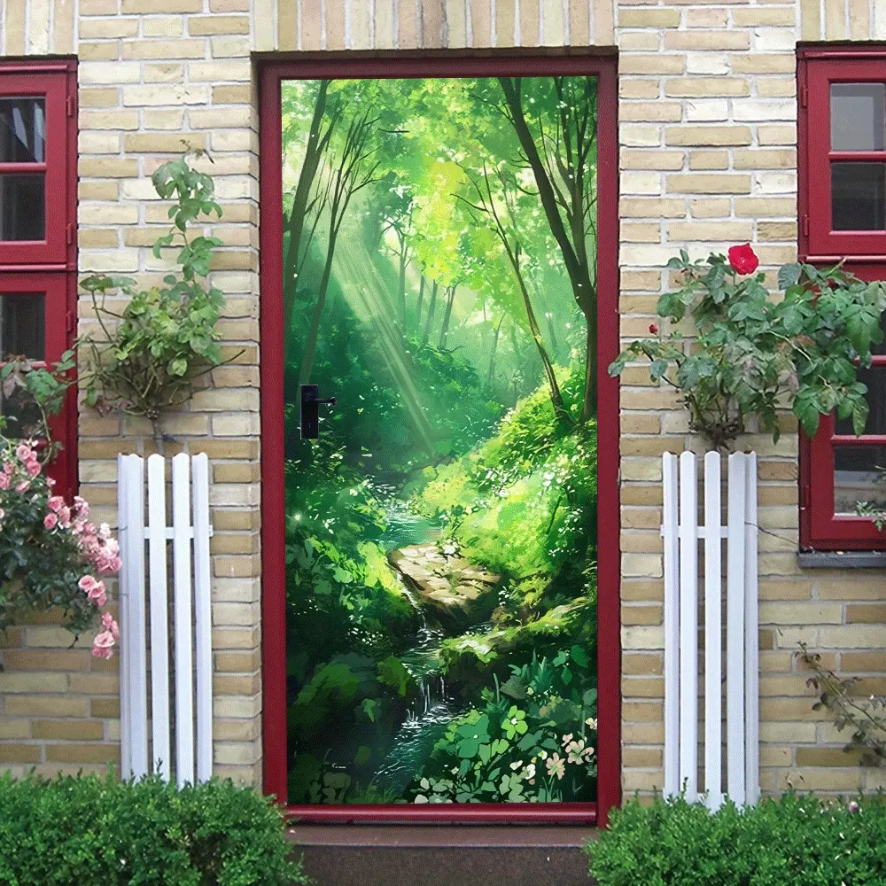 2pcs Forest Theme Wall Stickers with Sunlight Penetrating Leaves Natural Light and Shadow Effects Clear Stream and Mossy Stone Details Self Adhesive Design Easy to Install on Bedroom Living Room Walls