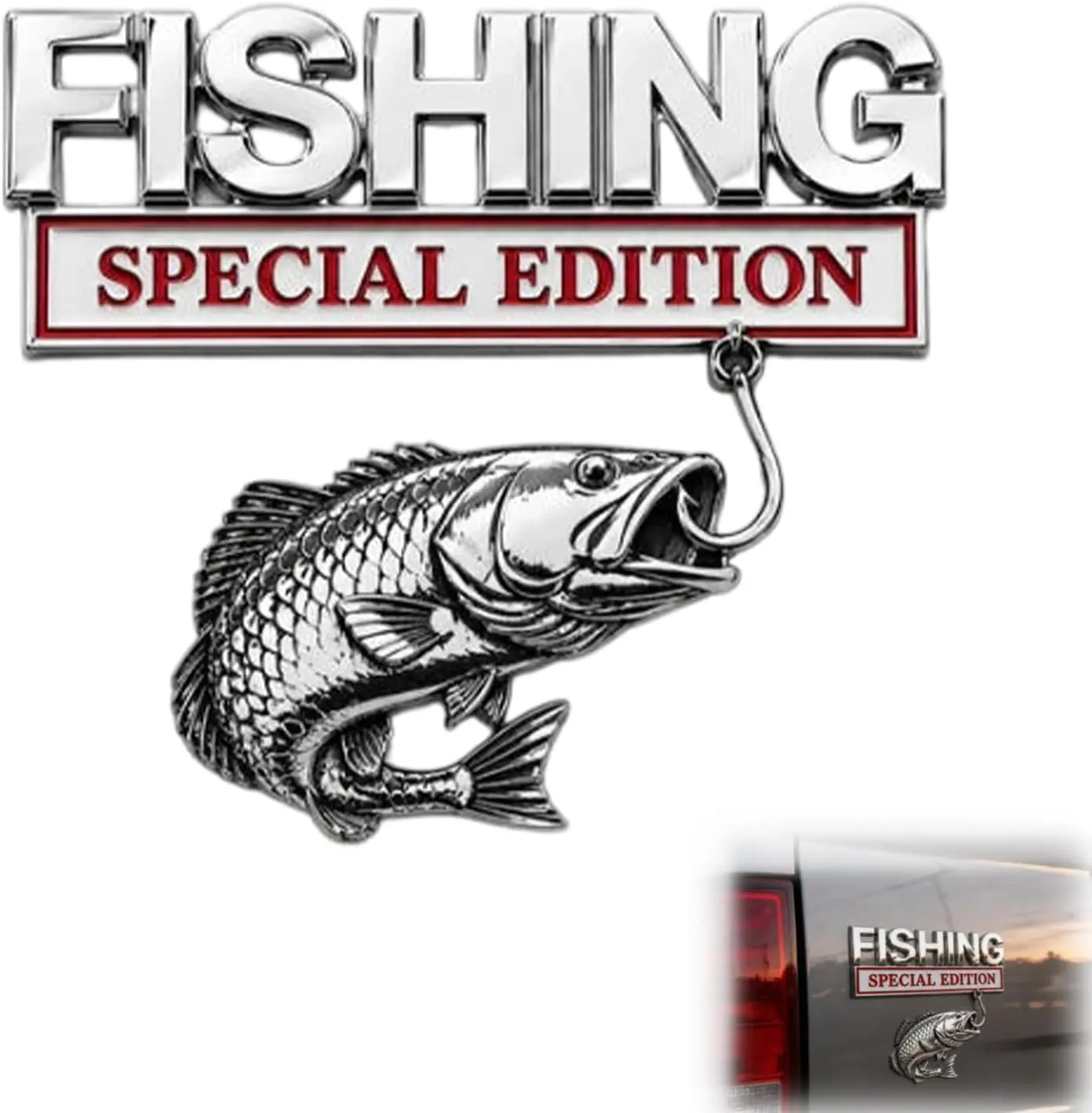Metal Fishing Special Edition Car Emblem 3D Zinc Alloy Fish Badge for Truck SUV(3.23in × 2.76in/8.2cm x 7.0cm) Auto Exterior Decal Gift for Anglers Fisherman