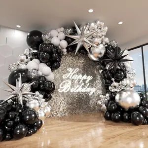 140PCS Black, Silver & White Balloon Arch Kit with Star and Explosion Balloons Party Decoration Set