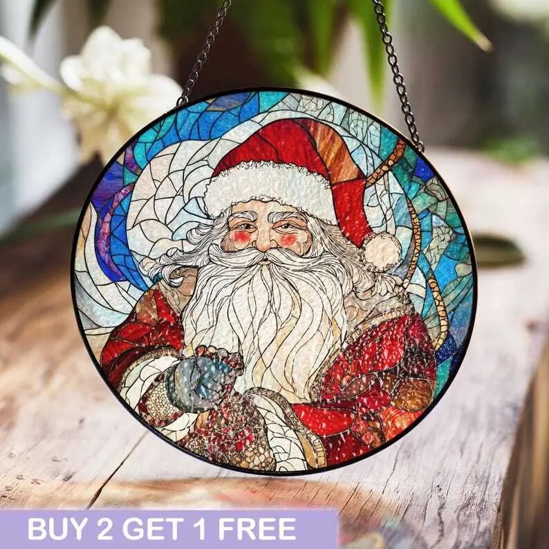 Santa Claus Stained Glass Panel – Festive Christmas Decor with Classic Holiday Charm and Warm Colors