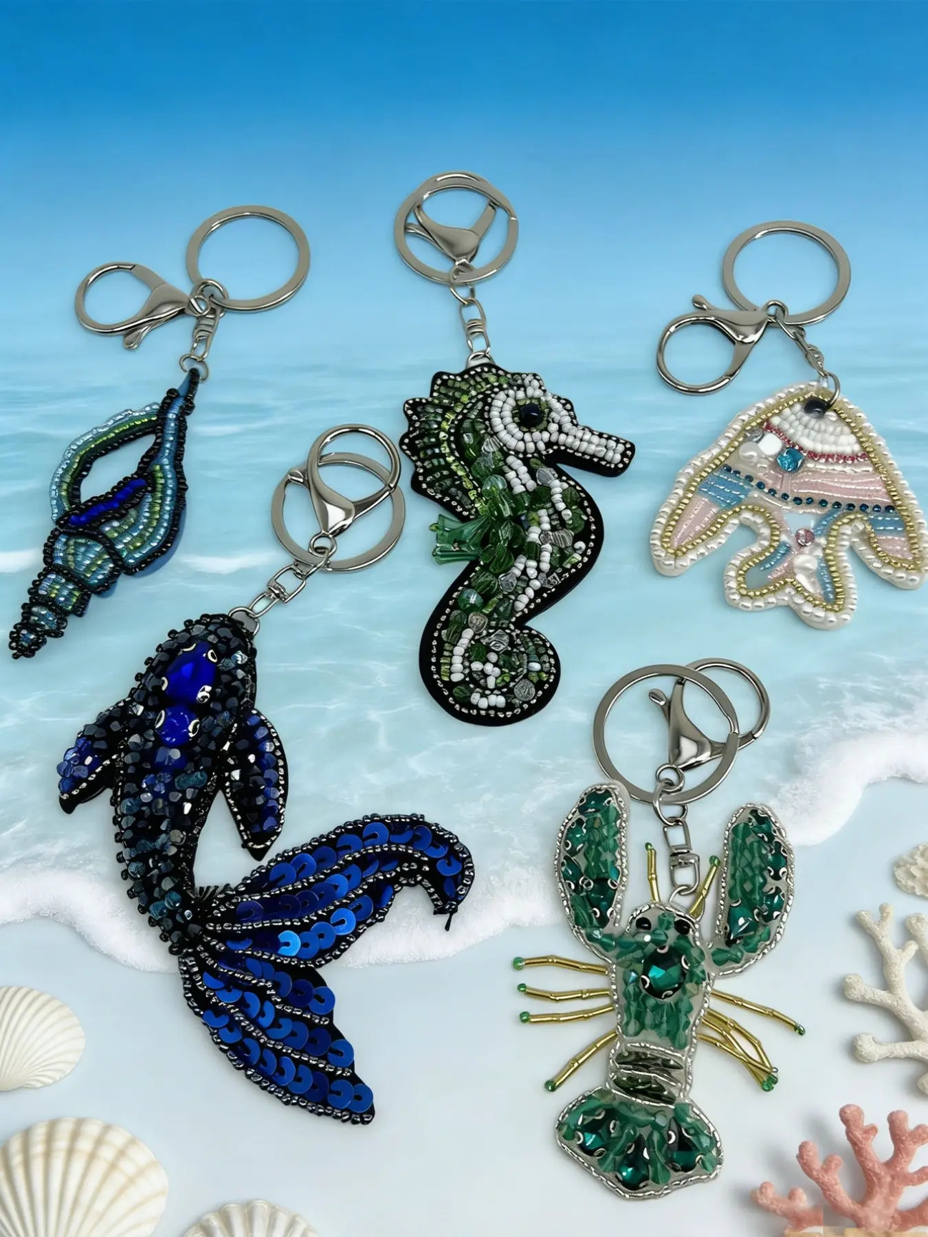 Cute Summer Beach Starfish Ocean Turtle Lobster Shell Bag Charm, Sparkly Bag Charm, Stylish Playful Charm, Casual Fashion Full Rhinestone Accessory for Bags, Bag Charm Keychain, Trendy Bag Charms, Bag Accessories Charms