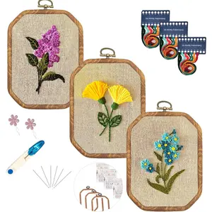 P-ITC016     3 Sets Embroidery kit for Beginners Adults,Embroidery Kit Punch Needle Kit Cross Stitch Kits with Embroidery Hoop and Instructions,Hand Embroidery Starter Kit (A)