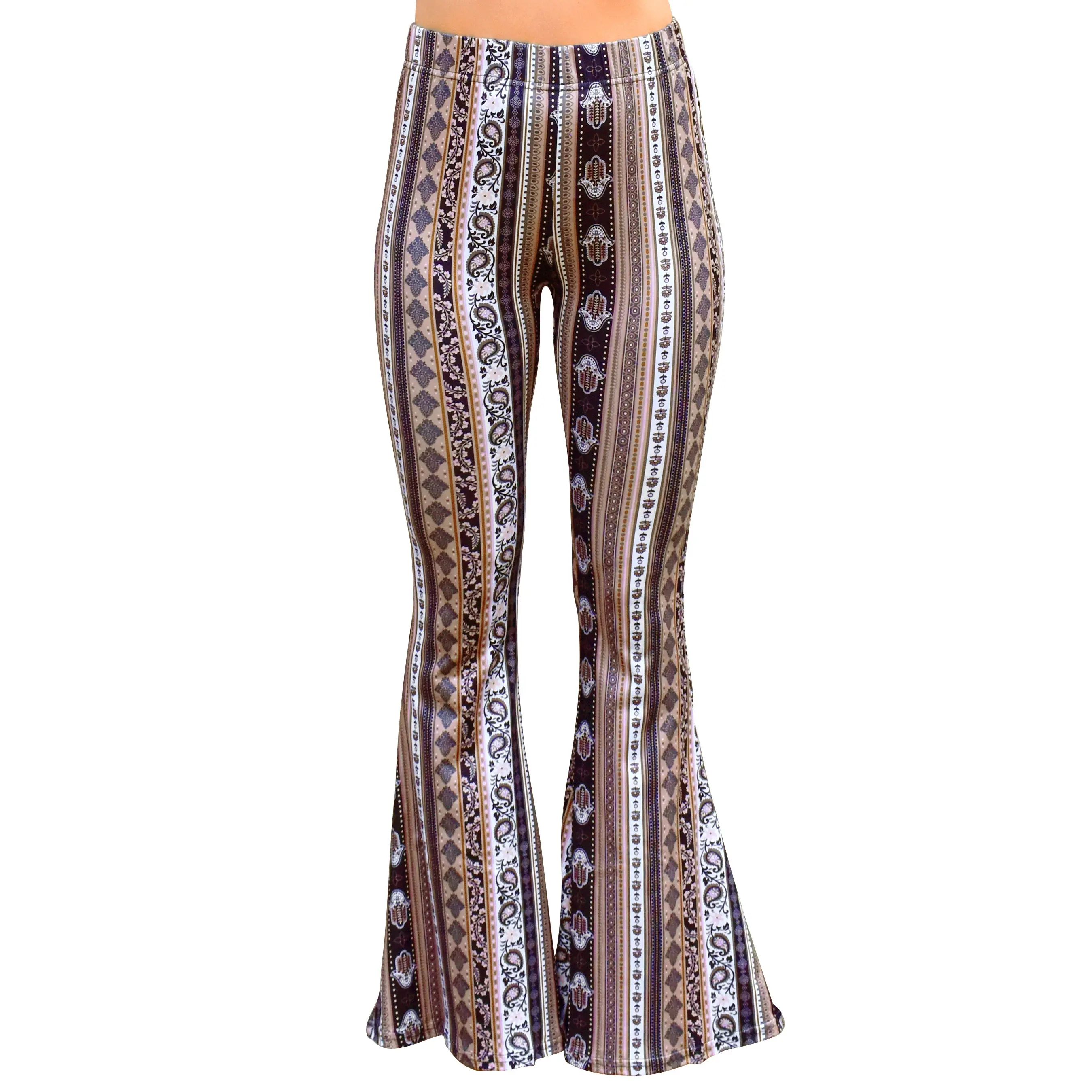 Daisy Del Sol Women’s Flare Stretch Yoga Comfortable High Waisted 70s Hippie Bohemian Legging Loungewear Festival Forbidden Pants Bell Bottoms  - Mocha Paisley