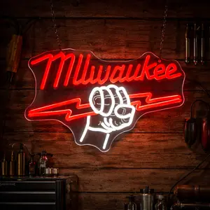 Milwaukee LED Neon Sign for Garage Wall Decor, 15.75 x 10.63 In Dimmable Acrylic Workshop Neon Light, Red White Fist Lightning Wall Lamp for Tool Room, Man Cave, Shop Decor