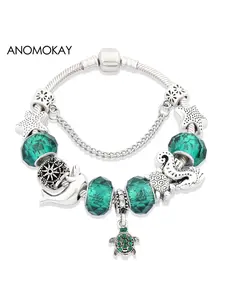 Green Crystal Ocean Series Bracelet Antique Silver Turtle Dolphin Starfish Seahorse DIY Beaded Animal Bracelet Charm Bracelets, Holiday Gift