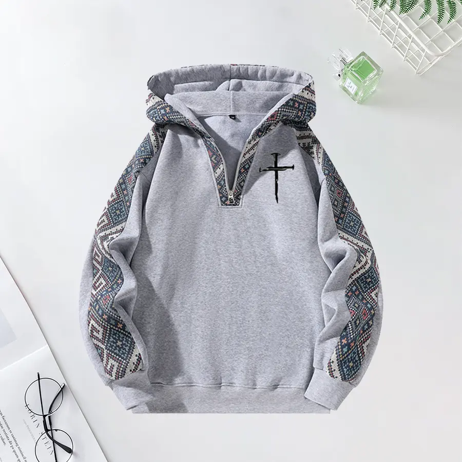 Men's Elegant Ethno-Print Long-Sleeve Pullover Hoodie Sweatshirt - Regular Fit Menswear Top, Casual Streetwear, Polyester, Machine Washable, Outdoor-Ready