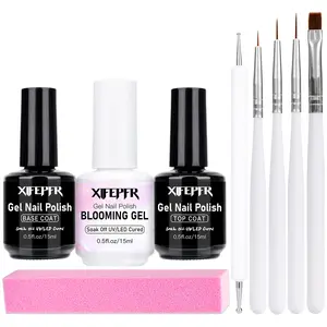 XIFEPFR 15ML Gel Nail Remover Quick Gel Nail Polish Remover and Base Coat Top Coat Simple Set with 4 Brushes & Pink Sponge for Beginners