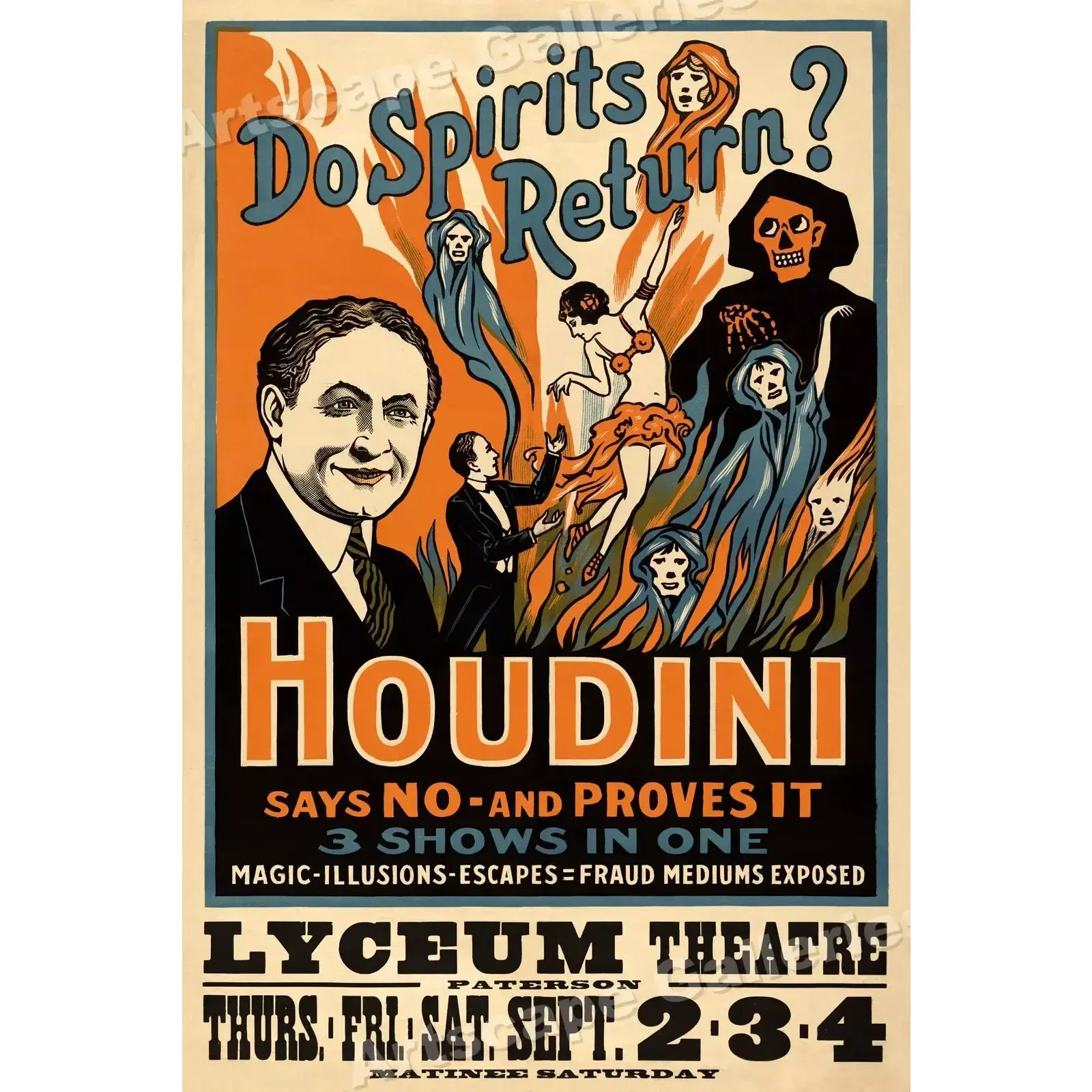 Spirits Return? Harry Houdini 1909 Magic Poster from Lyceum Theater Show 16x24