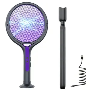Electric Fly Swatter Racket & Bug Zapper with 17–27.4in Extension Rod and  Base, 2800V Mosquito Killer with Purple Trap Lamp, Type-C Rechargeable, 90° Folding Mesh for Close-to-Wall Corners - Indoor, Home, Patio, Camp