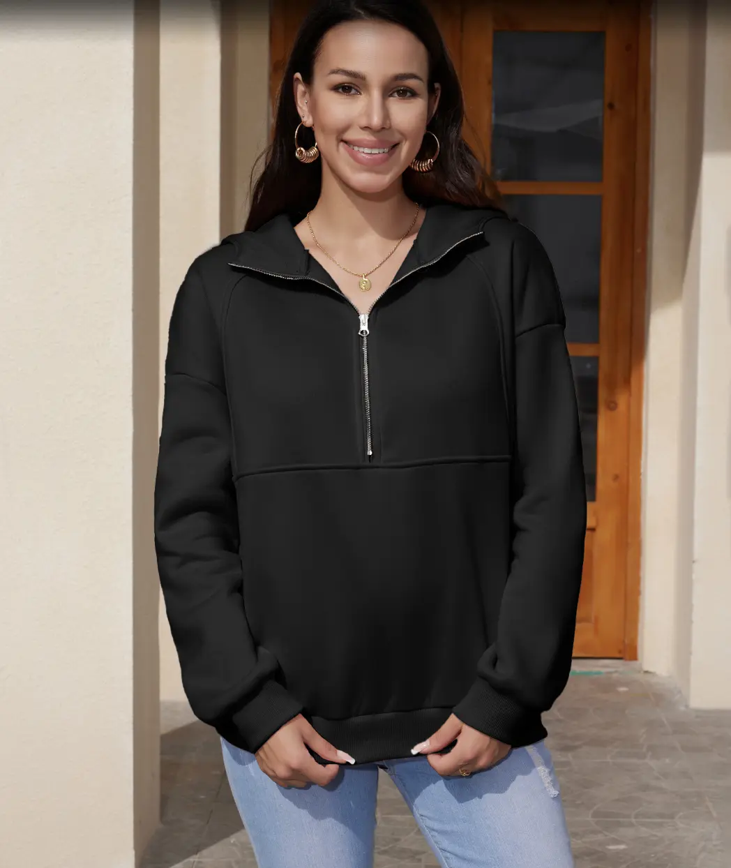 SDEER Women's Hooded Hoodie with Zipper - Black Fleece Fashionable Hoodie for Cold Weather