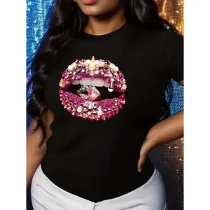 Rhinestone Glitter Lip Graphic Tee For Women Cute Y2k Streetwear Short Sleeve Crewneck Soft Stretch Casual Top For Going Out Party Night Out