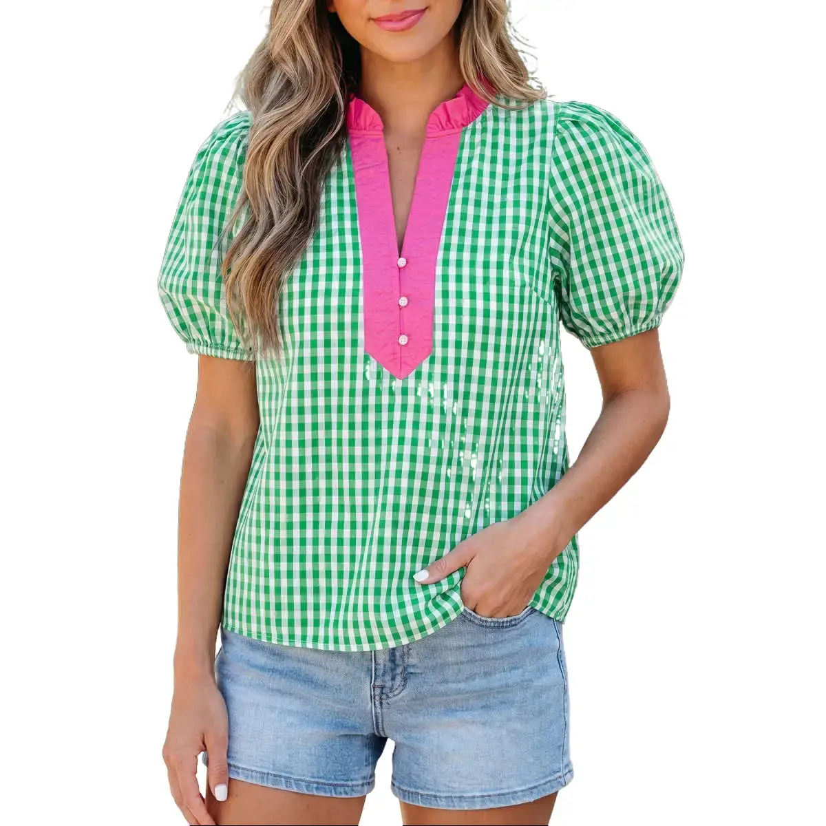 Women's Green Gingham Plaid Blouse, V-Neck, Bubble Sleeves, Colorblock Trim