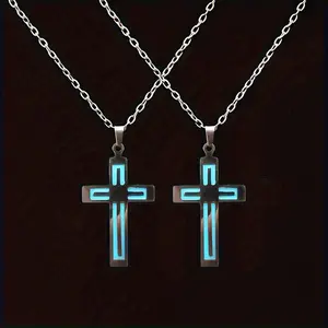 2pcs Vintage Glow-in-the-Dark Luminous Cross Pendant Necklace for Men & Women, Religious Symbol Design, Alloy Material, Perfect for Gifts, Vacation, Daily Wear, Easter, Thanksgiving, Teacher’s Day, Back-to-School, Graduation, Year-Round Wear