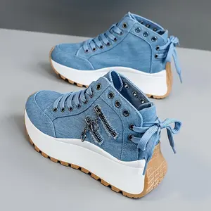 Women's High-Top Sneakers with Thick Platform Sole for Height Increase, Breathable Fabric & Zipper Closure, Round Toe Comfort, Durable PVC Outsole - Versatile Casual Outdoor Shoes for Spring, Ladies Sneakers, Spring Footwear, Decorative Lac  Blue Trainer