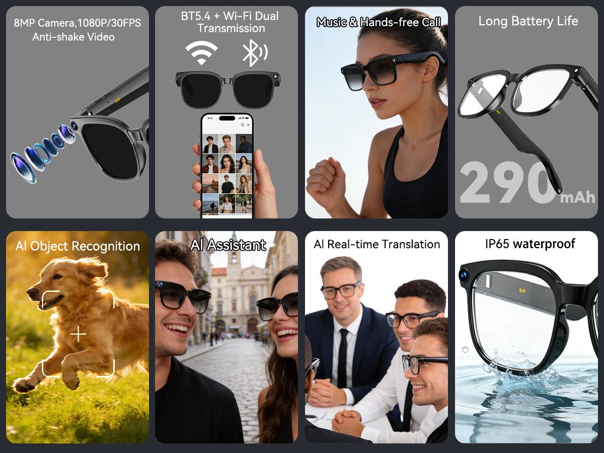 2026 New Smart AI Camera Glasses with8MP Camera Glasses,1080P Anti-Shake Video Recording,Button Touch Adjustment for Travel Outdoor Adventures Hands-Free Photography 139 Languages Real-Time Translation Bluetooth Wireless Wearable Video Recording