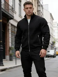 Men's Stand Collar Quilted Zipper Jacket, American Functional Casual Style, Plaid Texture Fabric, Dual Zip Pockets, Slim Fit, Daily Commute