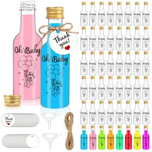 50 Pack Baby Shower Mini Liquor Bottles, 1.7oz/50ml Empty Plastic Shot Bottles with Gold Screw Caps Funnels Tags & Twines for Juice Wine Alcohol Juicing Ginger Shots Gender Reveal Party Favors