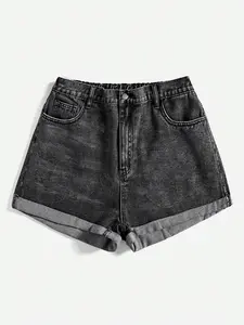 Women's Plus Size Basic Washed Denim Shorts, Denim Mom Shorts, Cuffed Denim Shorts, Folded Hem, Casual Summer Wear, Comfortable and Stylish, Perfect for Daily Use