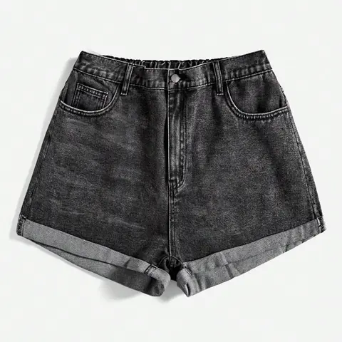 Women's Plus Size Basic Washed Denim Shorts, Mom Shorts, Cuffed Denim Shorts, Folded Hem, Baggy, Casual Summer Wear, Comfortable, for Daily Use, Everyday Shorts, Denim Shorties