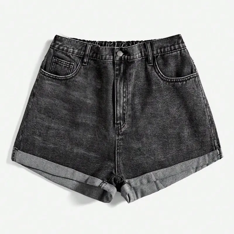 Women's Plus Size Basic Washed Denim Shorts, Mom Shorts, Cuffed Denim Shorts, Folded Hem, Baggy, Casual Summer Wear, Comfortable, for Daily Use, Everyday Shorts, Denim Shorties