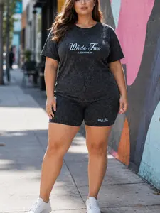 Women's Plus Size Black Acid Wash Look T Shirt and Shorts Set, Light Blue Script Letter Print, Casual Street Two Piece Outfit 1XL-5XL