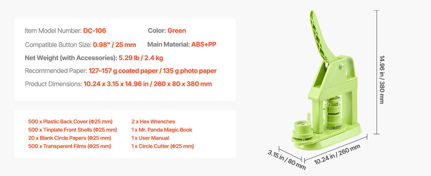 VEVOR Button Maker Machine, 0.98 in, Plastic Pin Maker with 500pcs Button Parts, Mr. Panda Magic Book, Circle Cutter and Hex Wrenches, Reinforced Ergonomic Handle, for DIY Badges, Personalized Pins