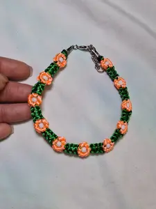 Green & Orange Flower Anklet - White Bead Centers