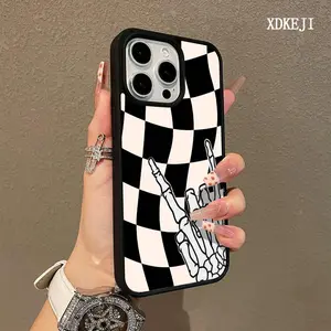 Checkered Skeleton Hand Pattern Premium Magnetic Phone Cases for iPhone 17 Air 16 15 14 Pro Max 13 12 11 Plus Smartphone Shockproof Protection Acrylic Cover Cellphone Protective magsafe magnetic case Aesthetic Resistance Casing Protector