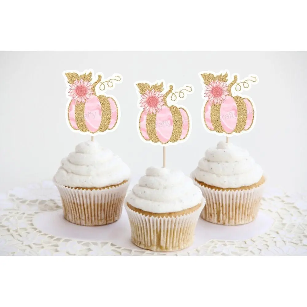 PINK AND GOLD Pumpkin Cupcake Toppers - Little Pumpkin Cupcake Toppers Fall Party Decorations Fall Baby Shower Decorations Pink Pumpkin Fall