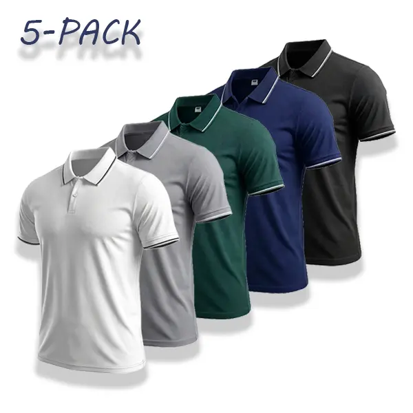 Men's 5-Pack Short-Sleeve Striped Well-Fitting Front-Placket Polo Shirts - Menswear Top, Sports-Friendly, Casual Business-Ready