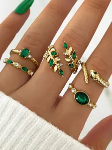 5pcs Pack Women's Vintage Rhinestone Ring Suite - - Snake Leaf & Leaf Motif Rings Suitable for Weddings, Parties, Festival - Elegant Gift Ring