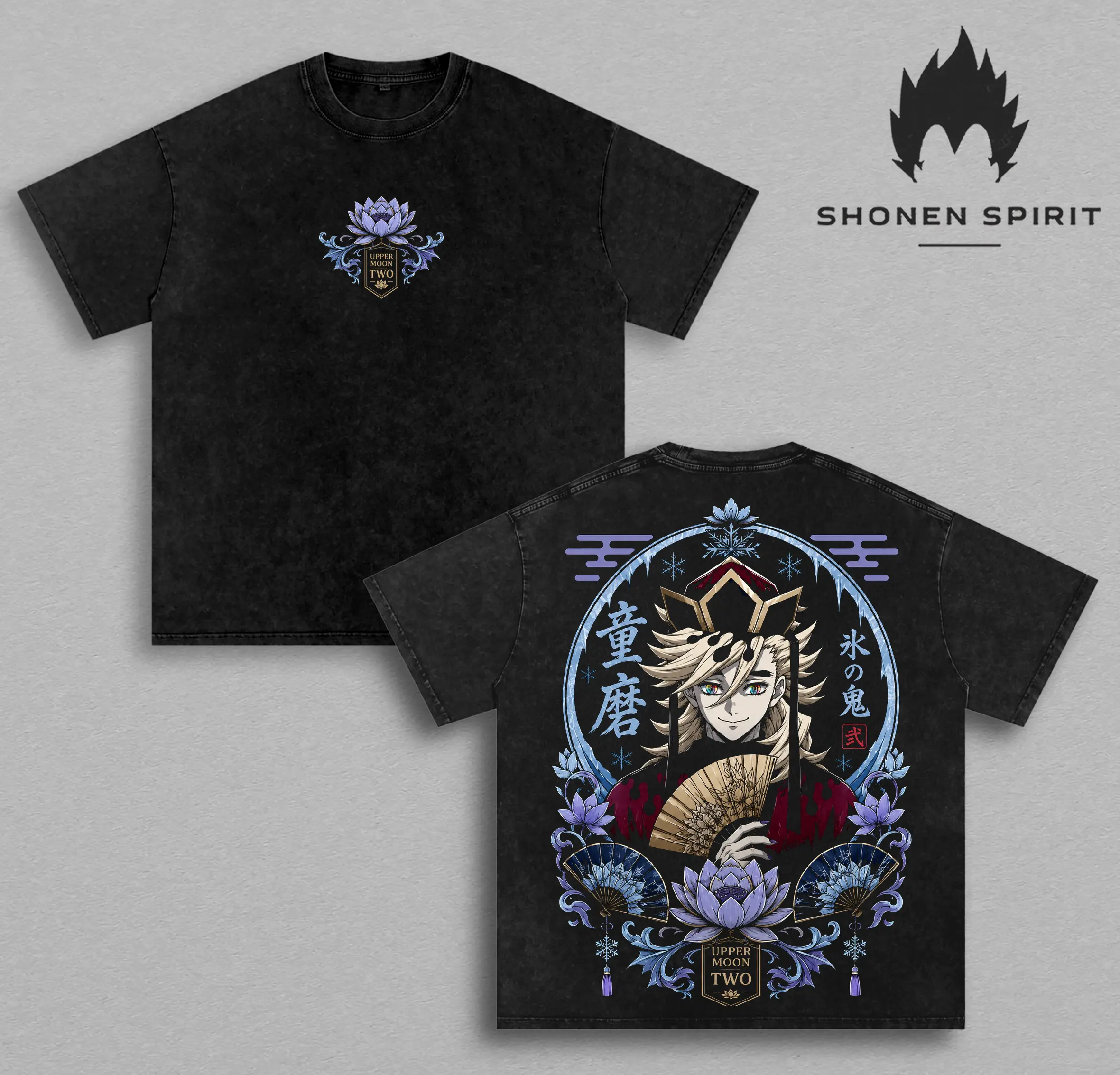 Doma Upper Moon Two Vintage Washed T-Shirt | Demon Slayer Twelve Kizuki Ice Demon Graphic Tee | Kimetsu no Yaiba Anime Oversized Heavyweight Cotton Shirt | Douma Manga Style Unisex Gift For Anime Fans