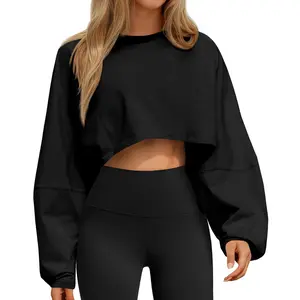 【US Shipping】Womens Long Ballon Sleeve Sweatshirts Tops Cropped Crew Neck Loose Fit Casual Workout Shirts