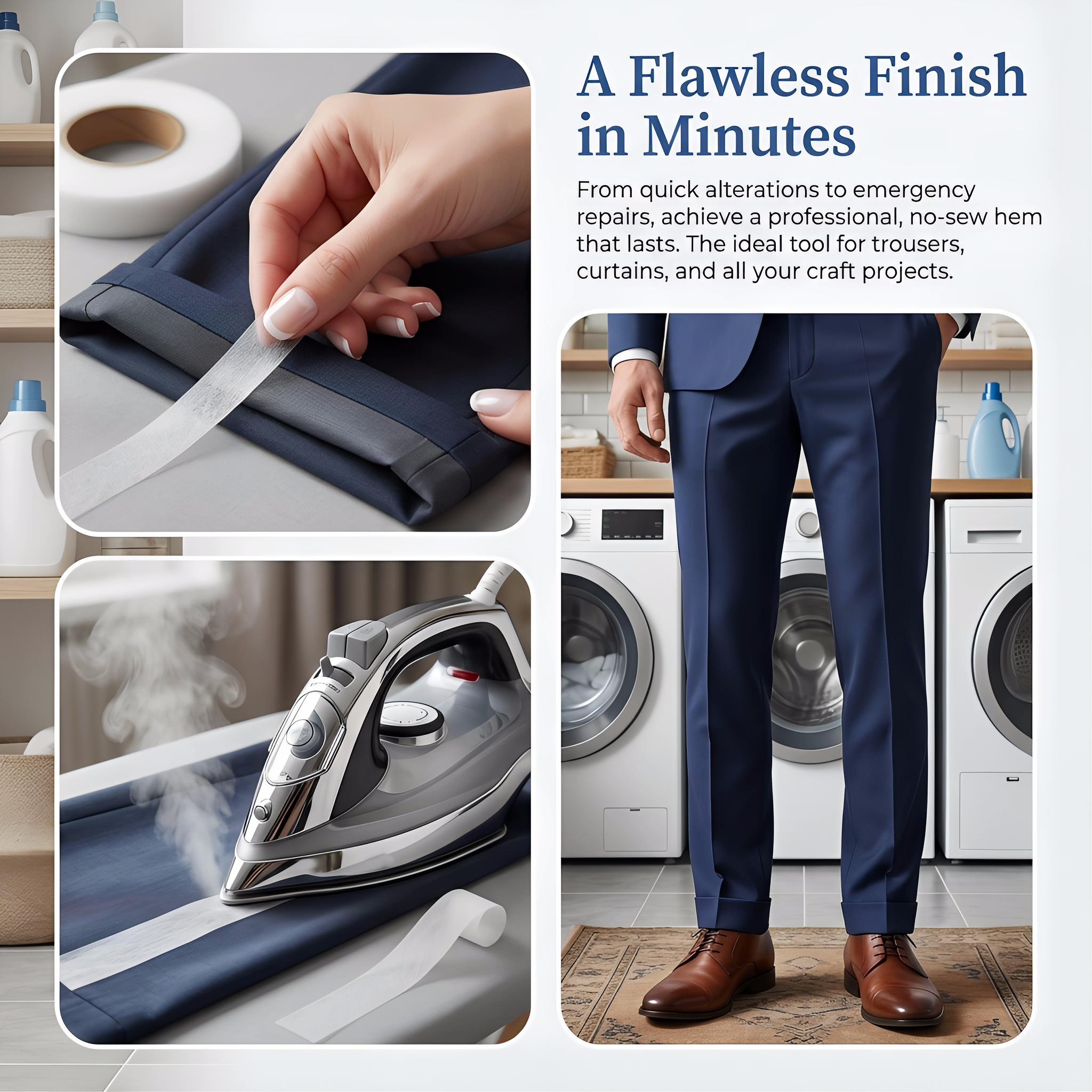 Iron-On Hem Tape, Double-Sided Fusible Bonding Web, No-Sew Fabric Adhesive Roll for Hemming Jeans, Pants, Curtains & DIY Crafts, Extra Long Length, Strong Adhesion, Easy Instant Fabric Repair & Hemming Solution