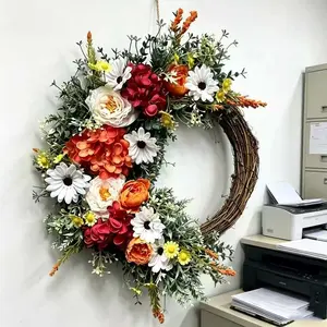 Rustic Multi-Color Wreath, Daisies, Peonies, Hydrangeas, Leaves on Grapevine Base, Perfect for Year-Round Farmhouse Front Door Decor