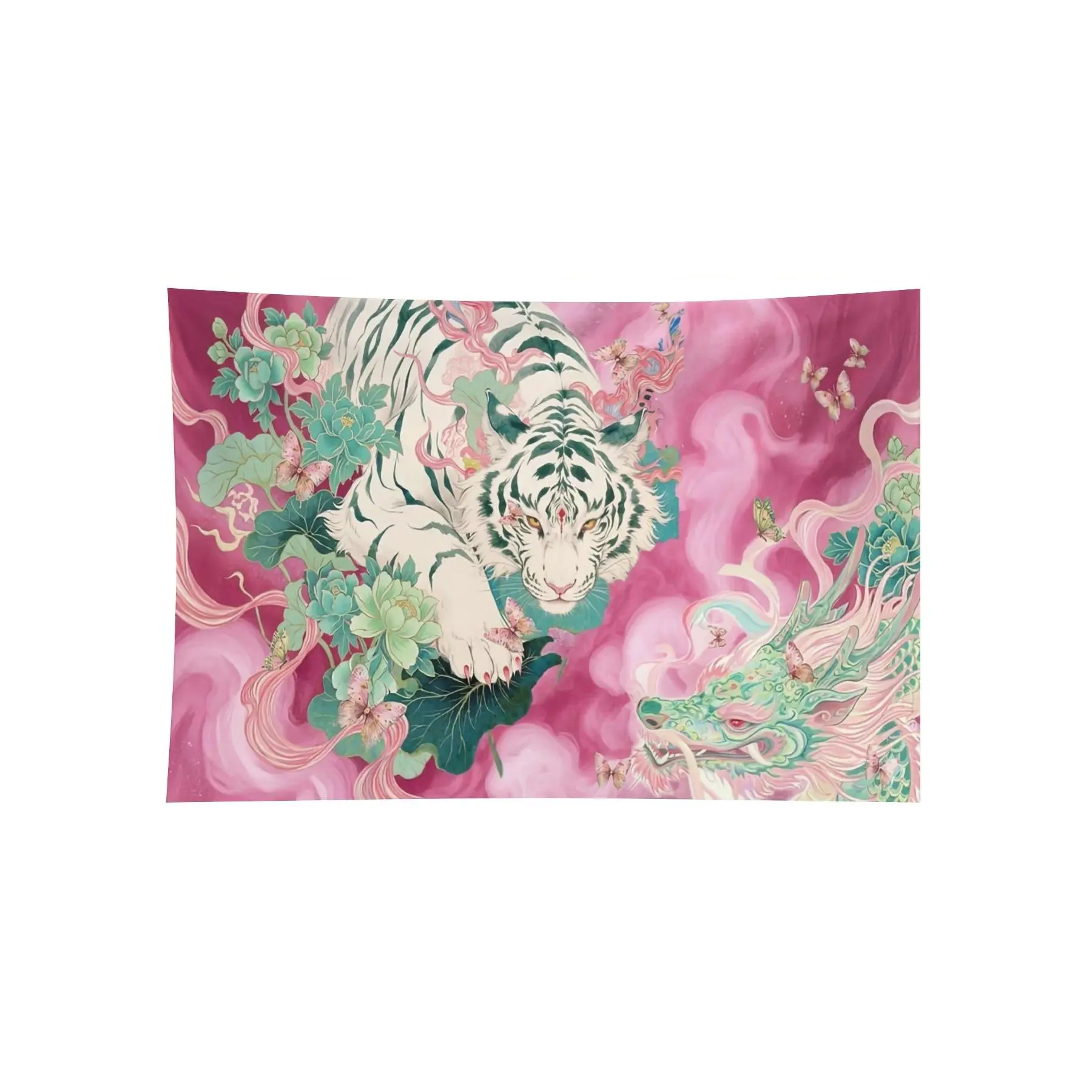 White Tiger and Dragon Fantasy Wall Tapestry, Pink Asian Art Bedroom Dorm Living Room Decor